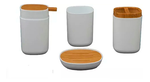 Set Accesorio Baño Organizador Bambu Dispenser Jabon Vaso X4
