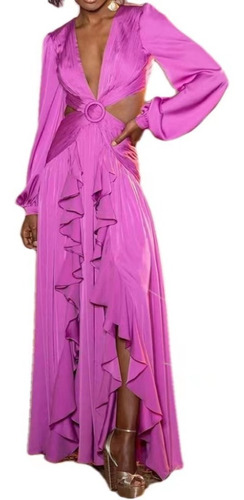Vestido Plisado Con Volantes De Color Entero Para Mujer