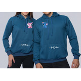 Buzo Buso Saco Hoodies Azul Petroleo Pareja Stich Angel Amor