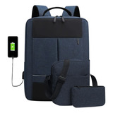 Mochila Usb  Bolsa  Lapicera, Set 3 Piezas Viaje Escolar Oficina Casual 3005 S Color Azul