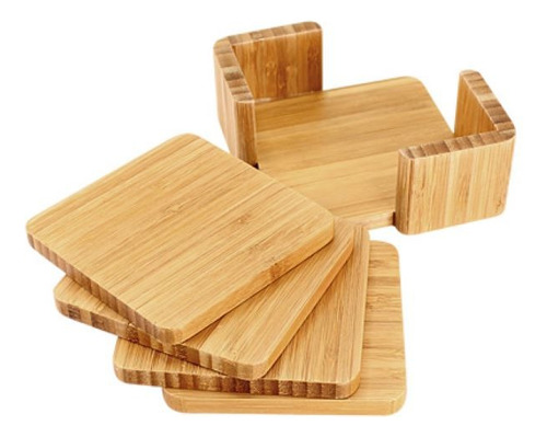 Set X 6 Posavasos Cuadrados Con Base Madera Bamboo Ecologico