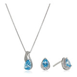Plata Esterlina Con Topacio Azul Pera Con Diamante Colgante,