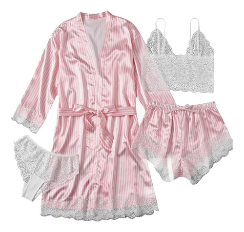 Pijama Satin Conjunto Sexy Encaje Ropa For Dama 4 Piezas