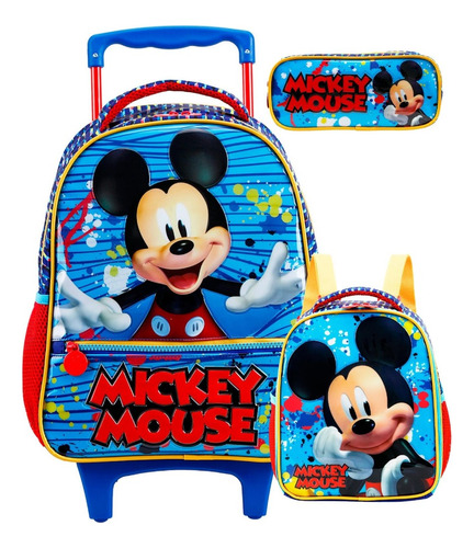 Kit Escolar Mickey Mochila Rodas + Lancheira + Estojo Triplo