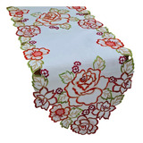 Caminho Trilho De Mesa Bordado Com Flor - Holanda - 1,80m Cor Branco Com Flor Vermelha