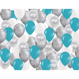 Globos Turquesa Plata Blanco Latex Confeti Decoración Fiesta