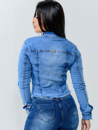 Jaqueta Jeans Feminina Clara Moda Blogueira Modeladora Lycra