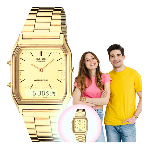 Relógio Pulso Casio Vintage Unissex Anadigi Dourado Aq-230ga