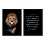 Quadro Kit 2 Frase Leão Dourado Religião 71x43 Sala Quarto