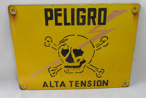 Antiguo Cartel Enlozado Peligro Alta Tensión Calavera Orig.