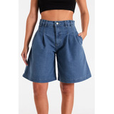 Short Bermuda Acampanado Slouchy Pinzas Wide Leg Jean Denim