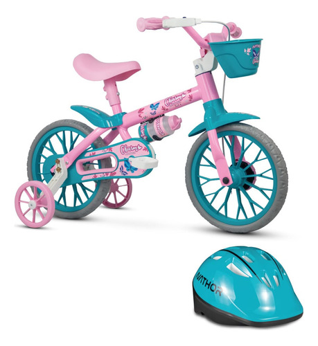 Bike Infantil 3 Anos Aro12 Nathor Charm Rosa Azul + Capacete