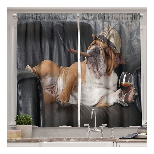 Bulldog Cortinas De Cocina, Foto Humorística De Un Per...
