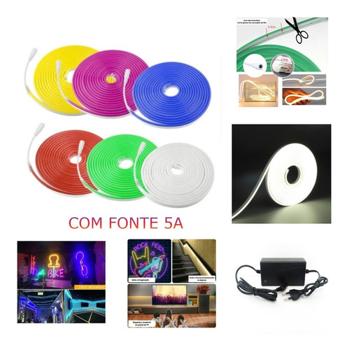 Fita De Led Neon 12v 5m Silicone Com Fonte 5a