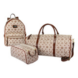 Kit 3 Bolsas Feminina Mochila Necessaire Mala Viagens Bege