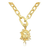 Colar Grosso De Ouro 18k + Pingente Medusa Cravejada Banhada