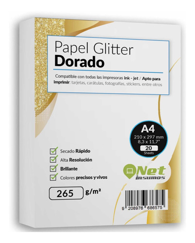 Papel Fotográfico A4 Glitter Glossy Dorado 20 Hojas  265 Gr