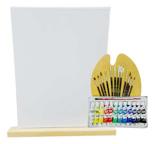 Kit Artistico 12 Oleos Atril Bastidor Paleta Pinceles