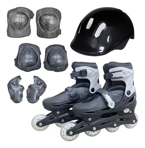 Patins Roller Infantil Ajustável Inline C Kit Proteção Preto