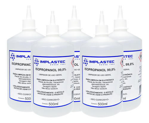  Kit 5 Álcool Isopropílico 99,8% Isopropanol 500ml Implastec