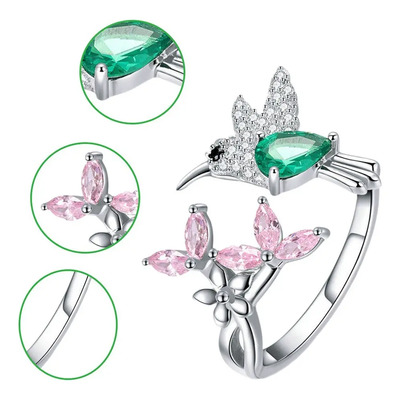 .anillo De Plata Con Colibrí Y Esmeralda Apertura .