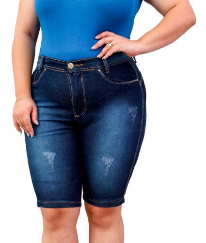 Bermuda Jeans Feminina Ate O Joelho Cos Alto Com Elastano