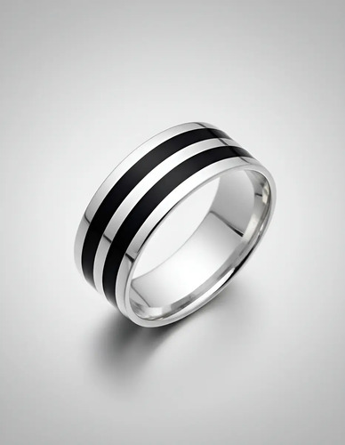 Anillo Dos Lineal Negro Ancho Resina Vintage En Plata 925