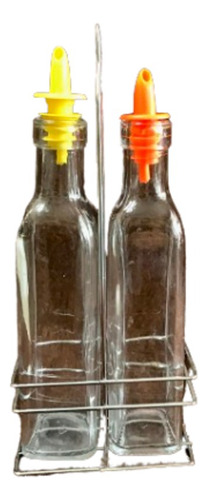 Set Aceitera Vinagrera Botellas De Vidrio C/canasto Cromado