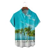 Camisa Hawaiana Unisex Azul Con Hojas De Palma, Camisa De Pl