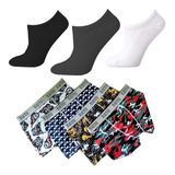 Kit 10 Cuecas Box Estampada 12 Pares Meia Masculino Atacado