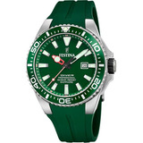Reloj Festina Diver F20664/2 Acero 200m Para Hombre Liniers Malla Verde Bisel Plateado Fondo Verde