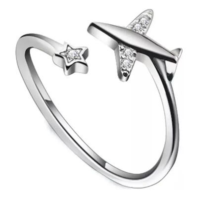 Anillo Ajustable Viaje Avión Y Estrella 100% Plata S925 Plateado Ajustable