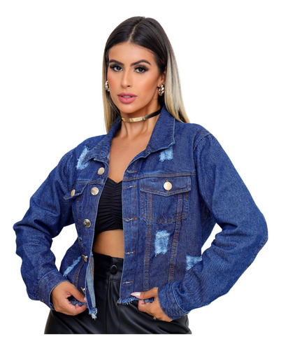 Jaquetinha Jeans Sarja Feminina Sem Lycra Curta Botão Gringa