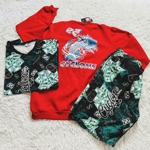 Kit Blusa Cyclone Moletom Red+  Bermuda  + Camiseta 