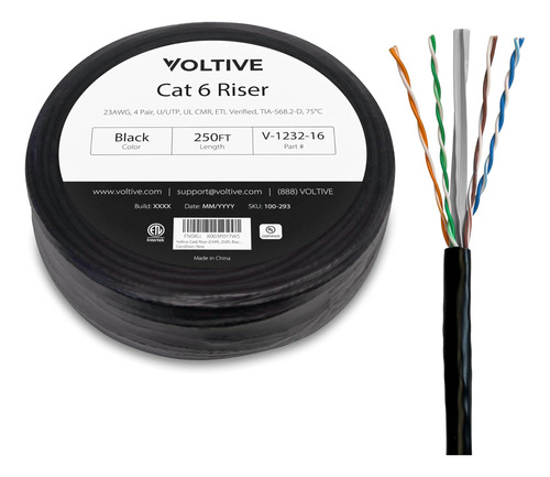 Voltive Cat6 Riser (cmr), 250 Pies, Negro - Cable Ethernet A