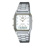 Reloj Pulsera Casio Aq-230 Con Correa De Acero Inoxidable Color Plateado - Fondo Blanco/gris - Bisel Gris