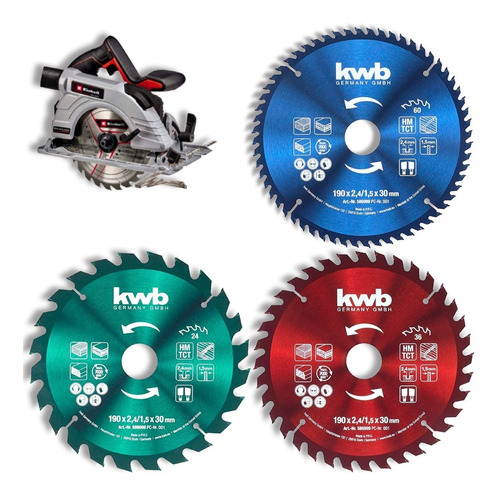 Juego Set De 3 Hojas Discos De Sierra Kwb 190mm 24/36/60 D