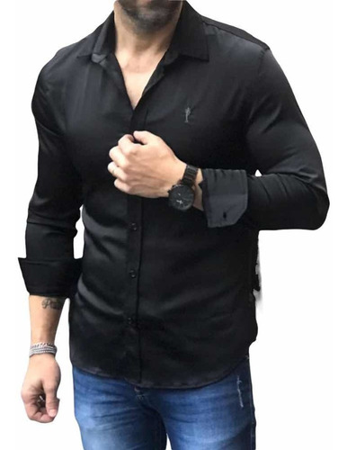 Camisa Masculina Manga Longa Slin Slim Elastano Zip Off Top