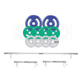 Kit Anilhas Emborrachada 30kg + 2 Barras 40cm + 1 Barra 1,5m