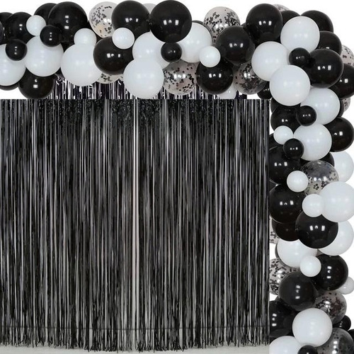 Kit Arco De 100 Globos Blanco Y Negro Confeti 2 Cortinas 