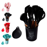 Kit 13 Utensílios De Cozinha Colher De Silicone Cabo Madeira