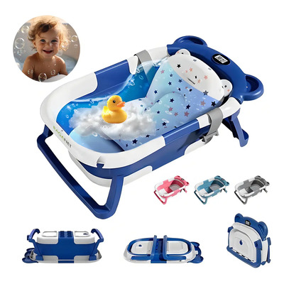 Bañera Tina Baño Bebe Plegable Portátil Con Cojín Termómetro Color Azul Marino | Meses sin interés