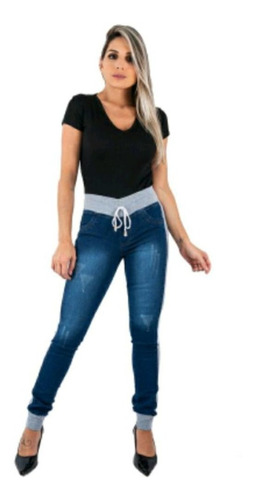 Calça Jeans Azul Feminina Com Listra Moletom Lateral