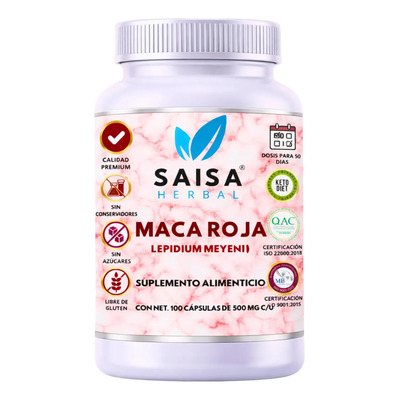 Maca Roja Orgánica 100 % Pura Con 100 Cápsulas | Suplemento Alimenticio | Saisa Herbal | Salud Ósea, Antioxidante, Energía | Meses sin interés