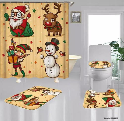 Set De Baño Diseño Navidad 4 Piezas + Cortina De Baño