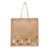 Bolsa Para Playa De Yute Beige, Diseño Floral Primaveral.