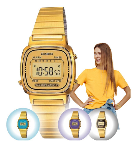Relógio Casio Feminino Mini Digital Vintage Dourado La670wga