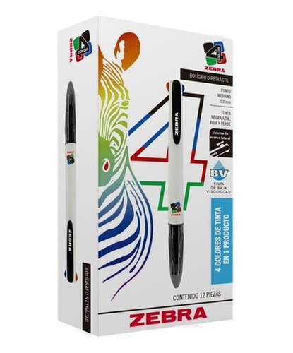 Boligrafo Zebra 4 Colores Lv 1.0mm, Caja 12 Piezas