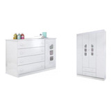 Quarto Infantil Guarda Roupa 4 Portas E Cômoda Lívia Branco