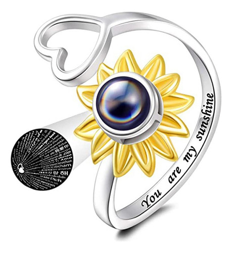 Anillo Plata 925 Girasol Corazon Te Amo 100 Idiomas Regalo